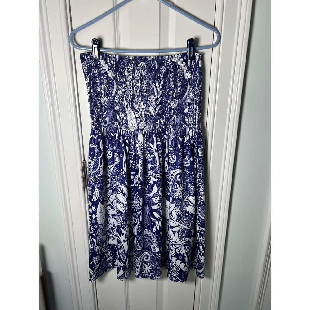 Blue White Floral Smocked Strapless Tube Dress Tropical Beach Cover Up Sundress
